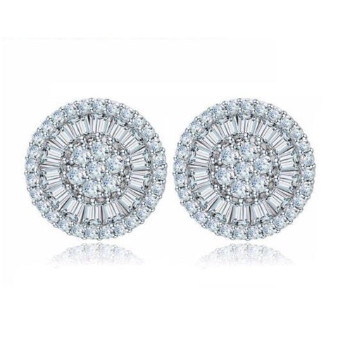 Baguette 18K White Gold Plated Round Cut Cubic Zircon Men Women Cluster Earrings